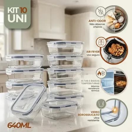 Kit 10 Potes de Vidro Herméticos 640 ml (forno, micro-ondas e freezer)
